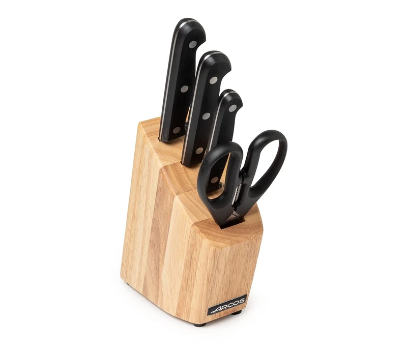 ARCOS Knife Set 4 pieces (3 knives + 1 scissors) - Nitrum Stainless Steel and mm blade,1670 gr, Pine Wood Block, Ergonomic Polyoxymethylene POM Handle, Series Universal, Greater control, Color Black