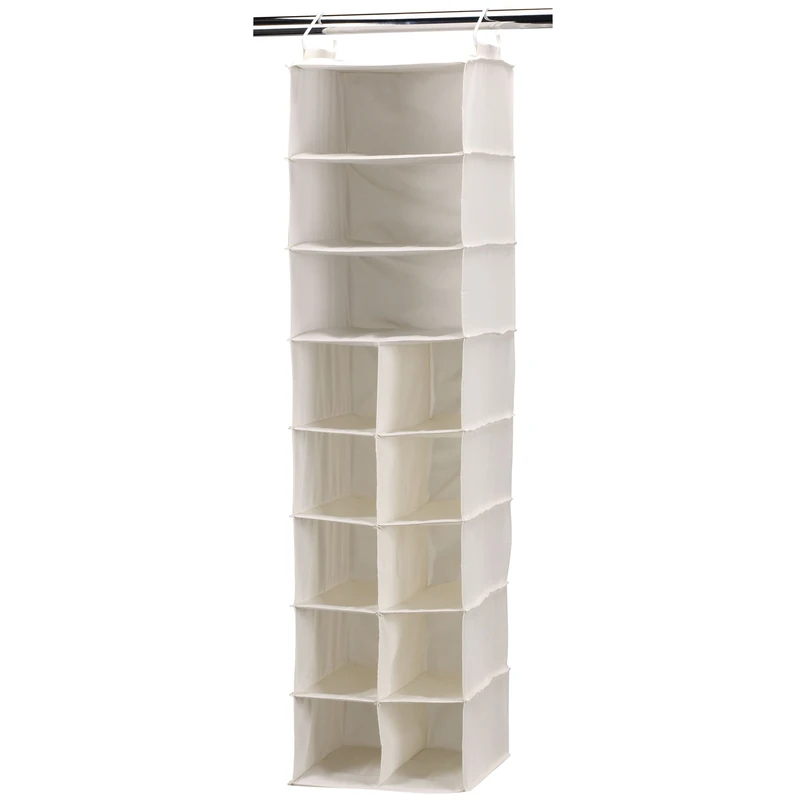 Household Essentials Hanging Shoe Organizer, Natural Canvas, with Clothes Storage, 10 Pockets and 3 Shelves, Collapsible, Cream, White