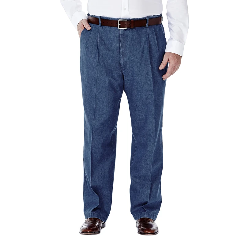 Haggar Men's Big,Tall Hidden Expandable Waistband Denim Pleat Front Pant,Light Stone,44x32