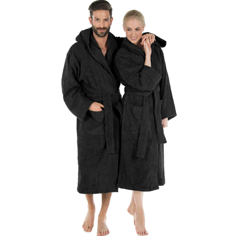 Terry-cotton bathrobe with hood cotton, sauna robe for men and women, quality dressing gown by CelinaTex with Eco-Tex, montana uniwalk robe series, Cotton, black, Large