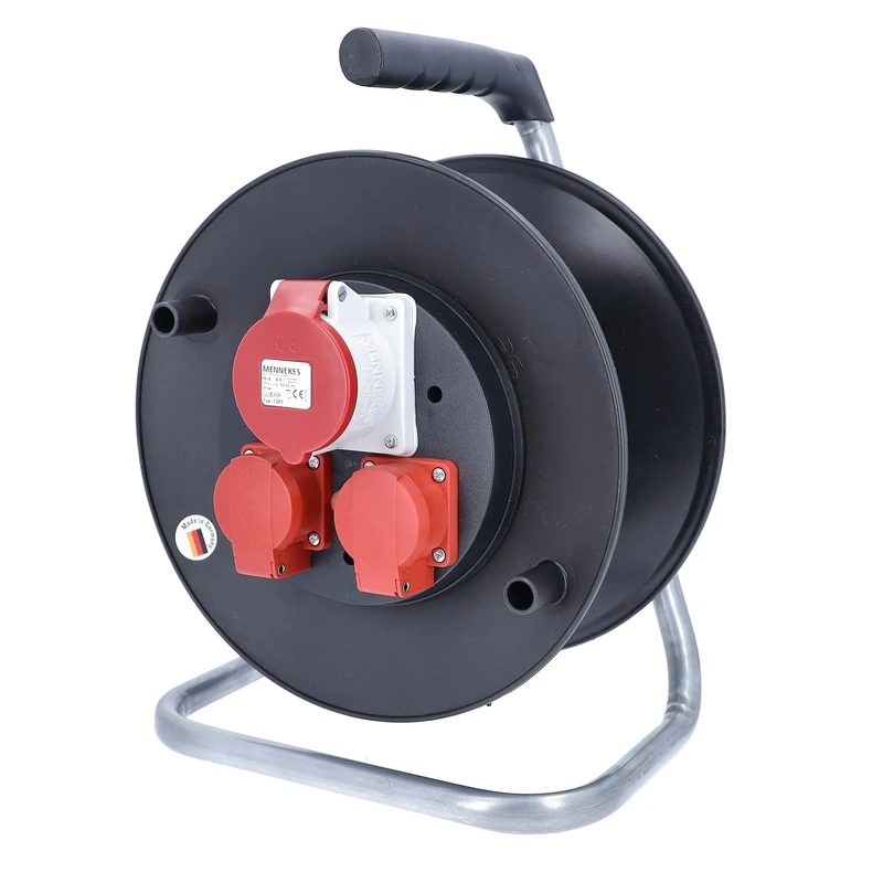 as - Schwabe CEE Plastic Cable Reel, Empty Reel, Diameter 285 mm, for Approx. 25 m Cable, 2 Built-in Sockets with Hinged Lid 230 V/16 A, 1 CEE Socket 400 V/16 A, Thermal Circuit Breaker, IP44, Black, - Image 1