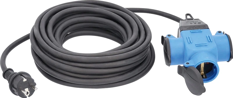 as - Schwabe H07RN-F 3G1,5 10 m Extension Cable - 3 Outlet Extension Cable - 230 V/16 A - with Protective Caps - Dust and Splash Resistant IP44 - Blue/Black, 62059
