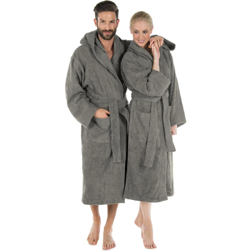 Terry-cotton bathrobe with hood cotton, sauna robe for men and women, quality dressing gown by CelinaTex with Eco-Tex, montana uniwalk robe series, Cotton, dark grey, Medium