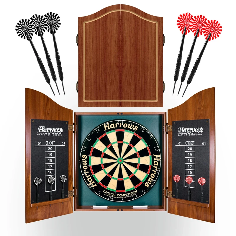 Harrows Dartboard Cabinet Sets – Choice of Pro’s Choice Wooden Cabinet or Top Shot Aluminium Set with Official Competition Board, 6 Darts & Accessories – Home, Club & Gift Options (Wooden)