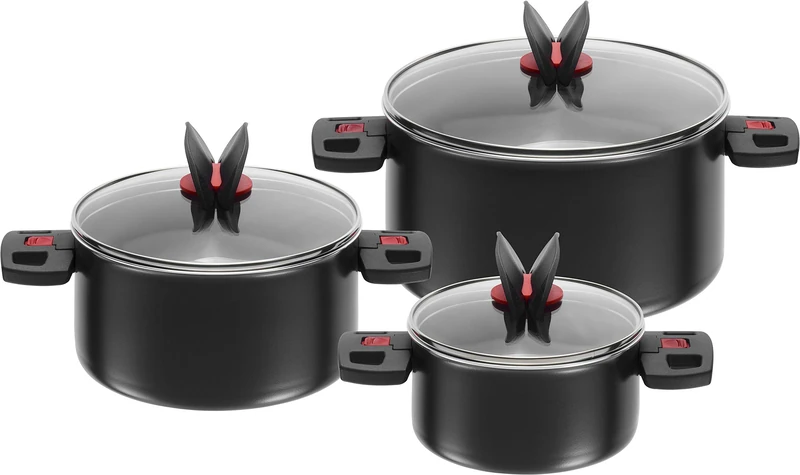 BALLARINI Pot Set, 3-Piece, incl. 3 glass lids, non-stick coating, aluminum / plastic handles, Click & Cook, Black