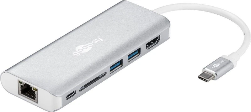 Goobay 76788 USB-C Multiport Adapter, HDMI 4k, 30 Hz, USB, CR, RJ45, PD, Aluminium, Silver