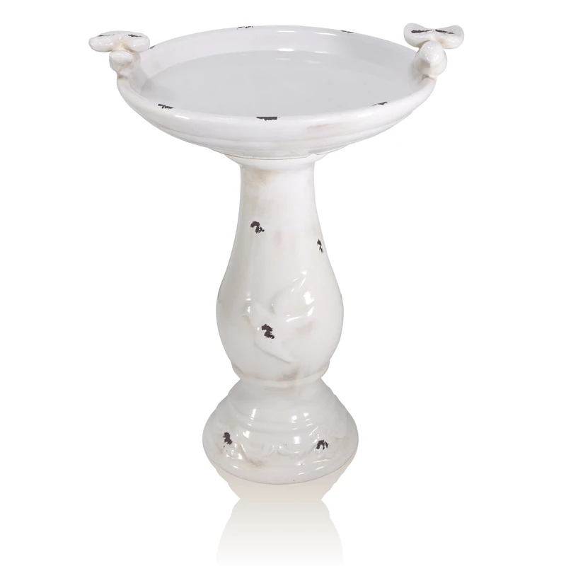 Alpine Corporation 61 cm Tall Outdoor Antique Ceramic Birdbath with Bird Figurines Yard Statue, Light Brown - Image 1