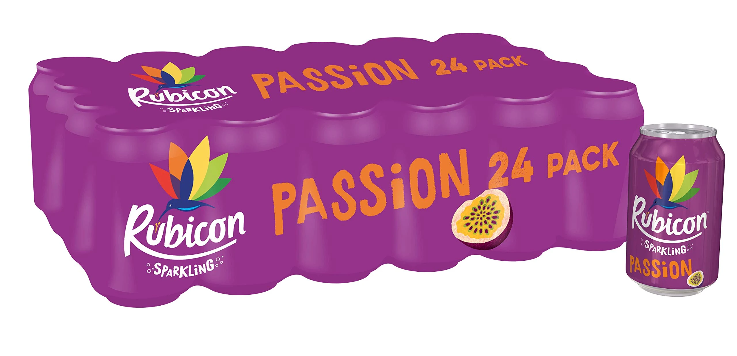Rubicon 24 Pack Sparkling Passion Flavoured Fizzy Drink with Real Fruit Juice, Handpicked Fruits for a Temptingly Intense Taste "Made of Different Stuff" - 24 x 330ml Cans