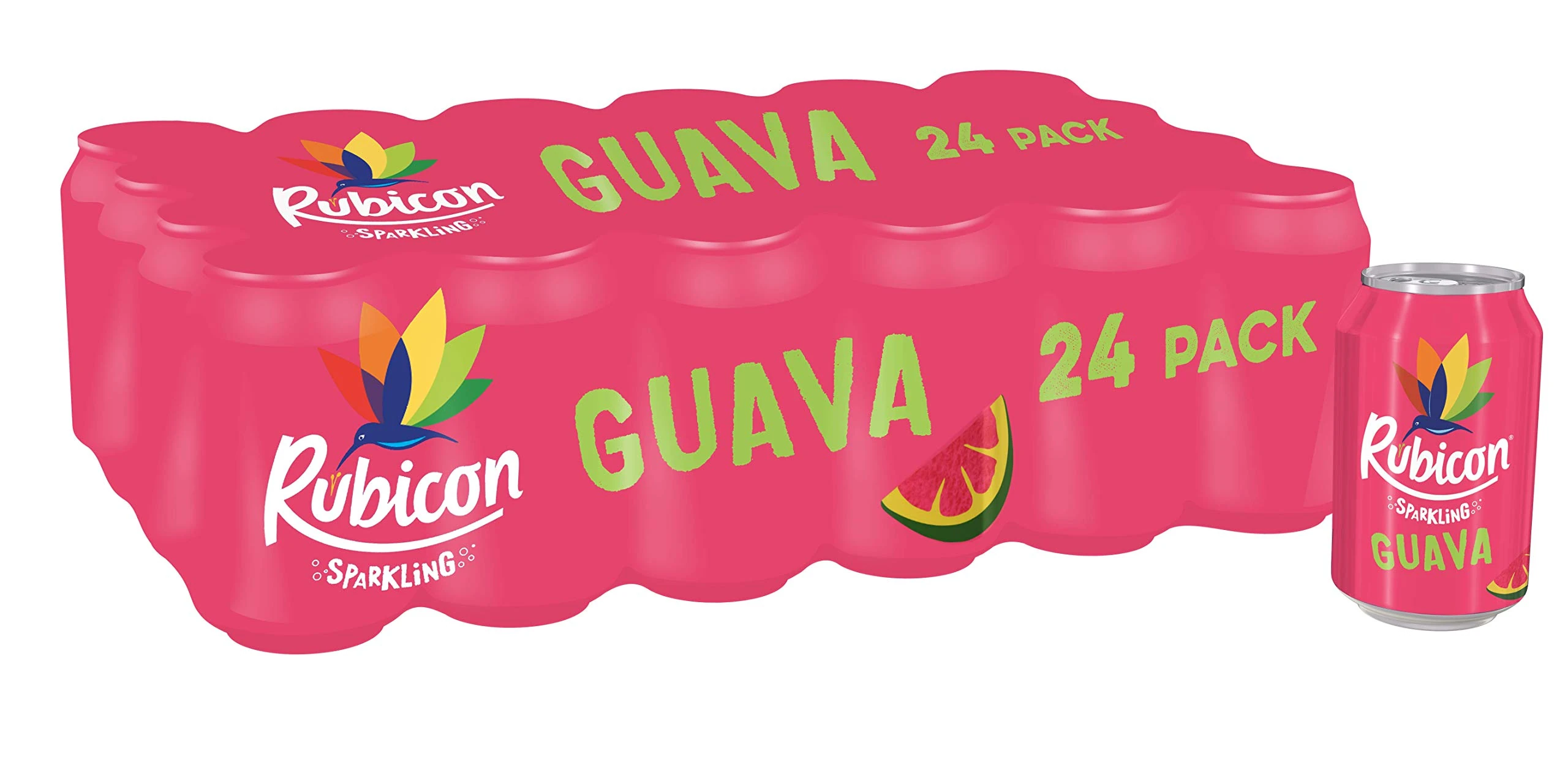 Rubicon 24 Pack Sparkling Guava Flavoured Fizzy Drink with Real Fruit Juice, Handpicked Fruits for a Temptingly Intense Taste "Made of Different Stuff" - 24 x 330ml Cans