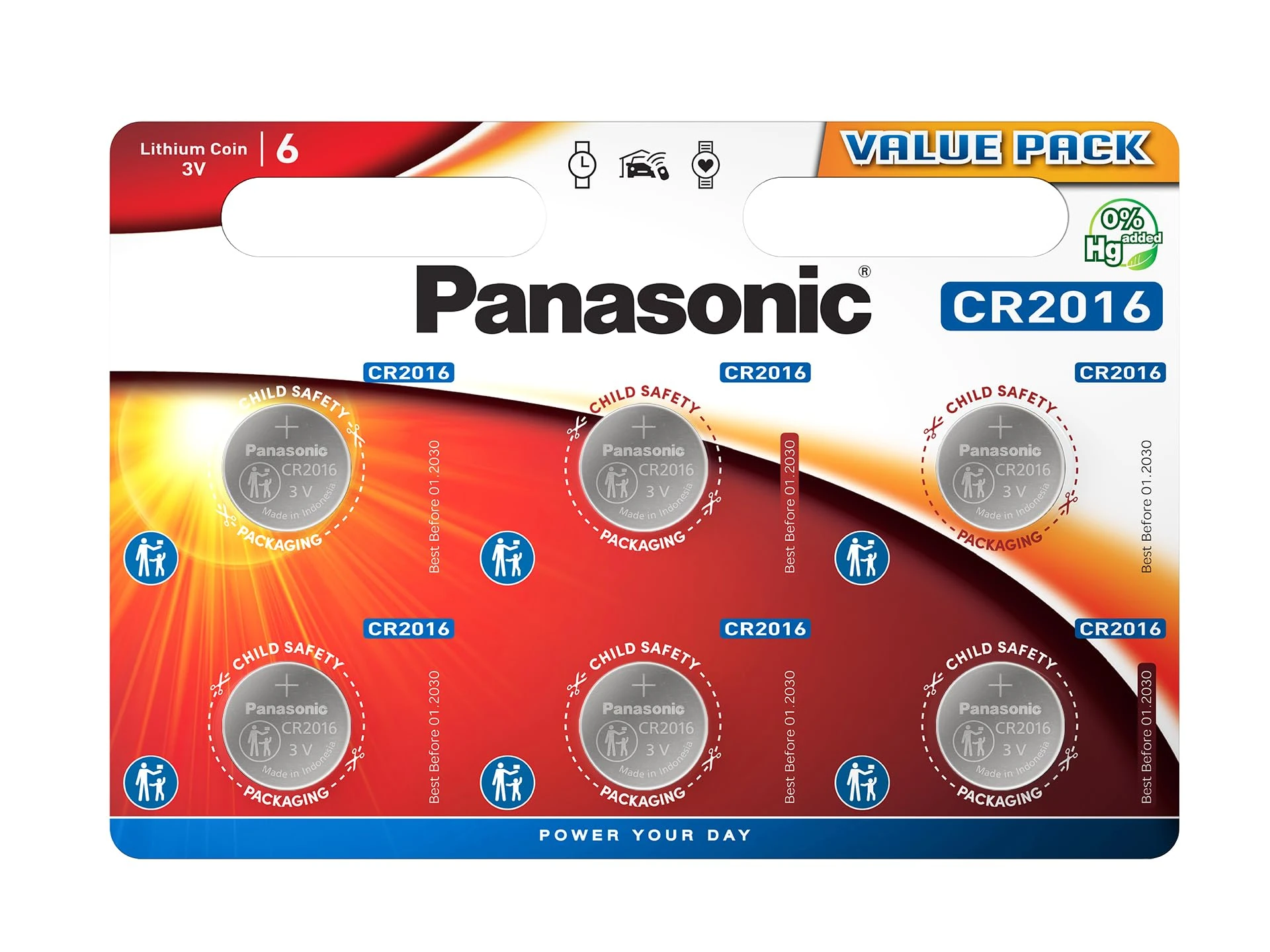 Panasonic CR2016 non-rechargeable battery (Lithium, Stainless steel) pack of 6