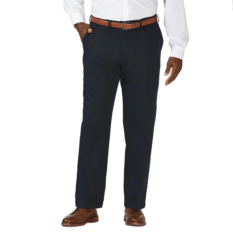 Haggar Men's Work to Weekend Hidden Expandable Waist No Iron Flat Front Pant, Dress Blues, 38W x 30L