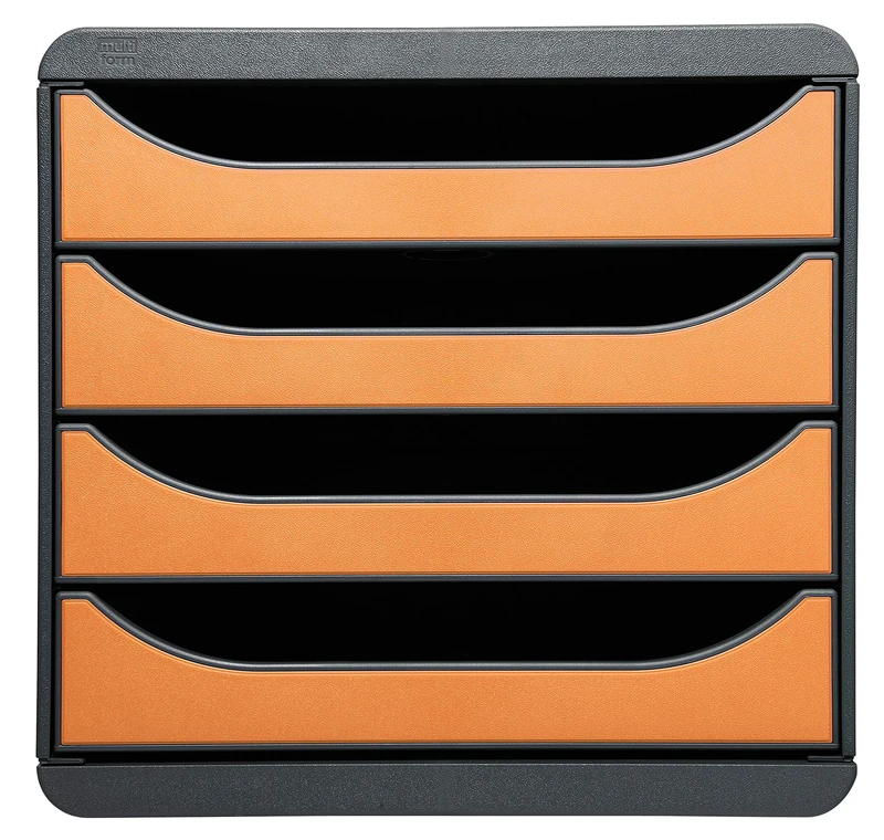 Exacompta - Ref 310788D - BIG-BOX Desktop Drawer Set - 4 x 55mm Drawers, Suitable for A4+ Documents, 347 x 278 x 267mm, 100% Recycled Plastic - Black/Tangerine
