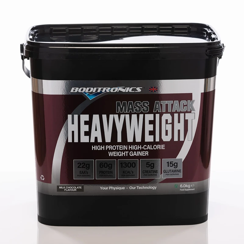 Boditronics Mass Attack Heavyweight Mass Gainer Powder with 60g Protein, 214g Carbohydrates, 5g Creatine per Serving, Milk Chocolate, 6kg - Image 1