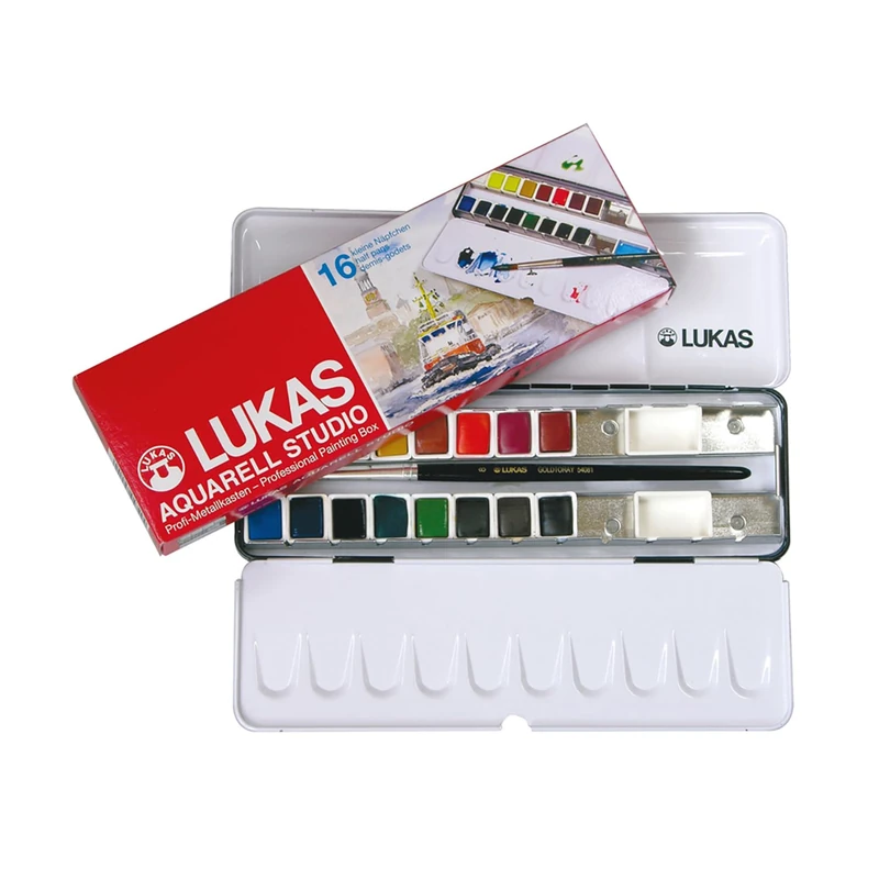 LUKAS Studio Aquarell Set, 16 x Half Pans in Assorted Colours, With Brush, For Entry-Level Professional & Student Watercolour Artists - Image 1