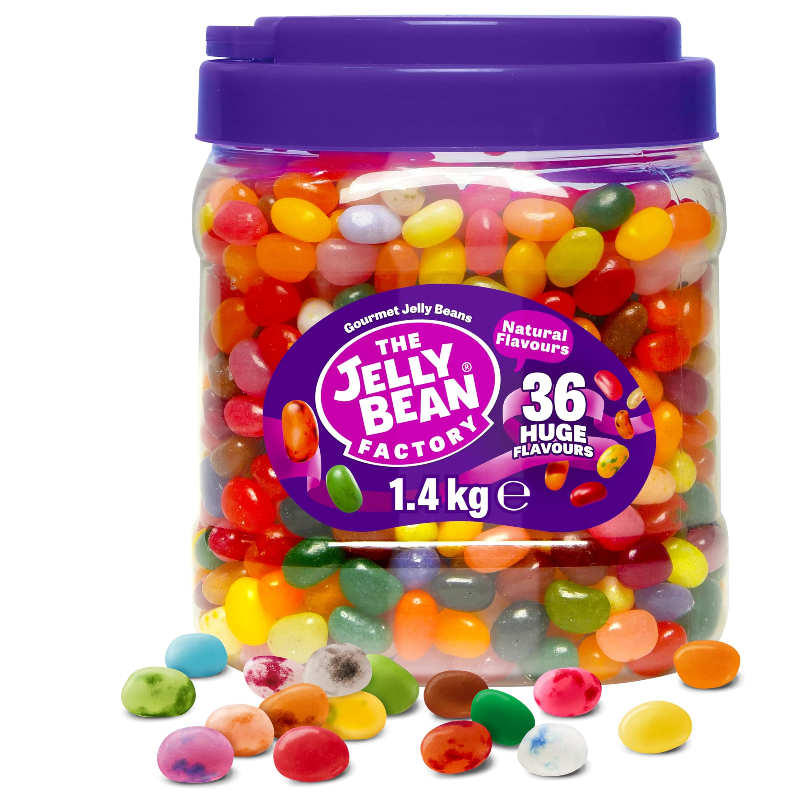 The Jelly Bean Factory, Jelly Beans Gift 1.4 KG Tub, Gluten Free Sweets - 36 Natural, Huge Fruit Flavours, Chewy, Retro American Sweets for Kids, Adults, Christmas - Gourmet Pick and Mix Jellybeans