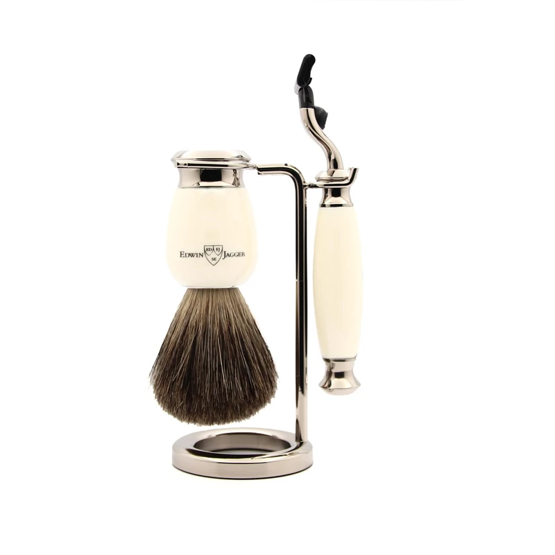Edwin Jagger S81M587AMZ Imitation Ivory & Nickel Classic Shaving Set with Pure Badger Shaving Brush and Mach 3 Razor for Shaving Cream or Soap for Men
