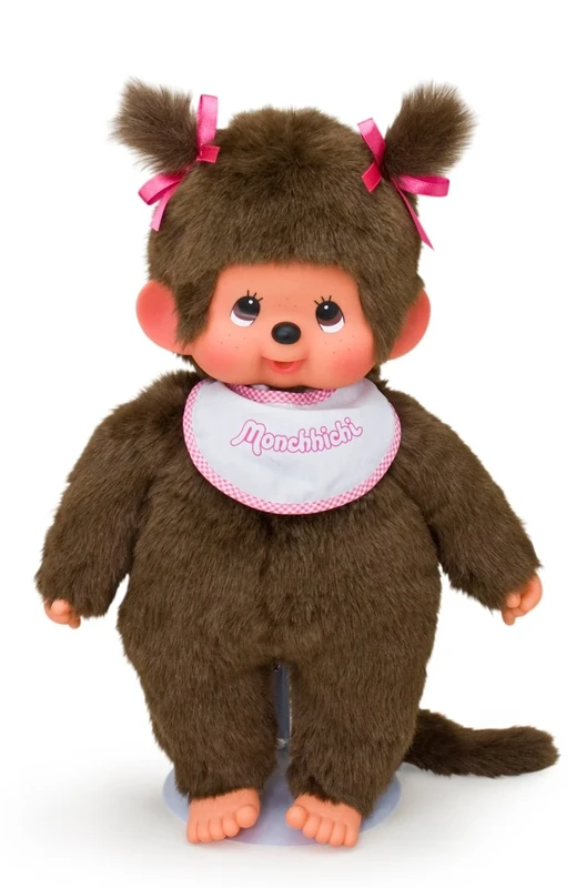 Sekiguchi 255530 Original Monchhichi Girl Plush Toy with White/Pink Bib and Braids with Bows Approx. 45 cm Large Brown Plush