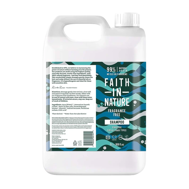 Faith In Nature Natural Fragrance Free Shampoo, Sensitive, Vegan and Cruelty Free, No SLS or Parabens, For All Hair Type, 5L Refill Pack