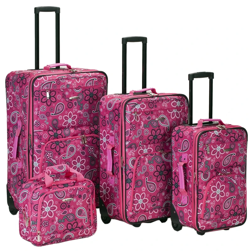 Rockland Impulse 4-Piece Softside Upright Luggage Set, Pink Bandana, (14/19/24/28)