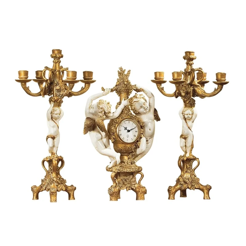 Design Toscano The Cherub's Harvest Clock and Candelabra Ensemble, 47 cm, Complete Set of 3 Pcs, Polyresin, Gold and Ivory - Image 1