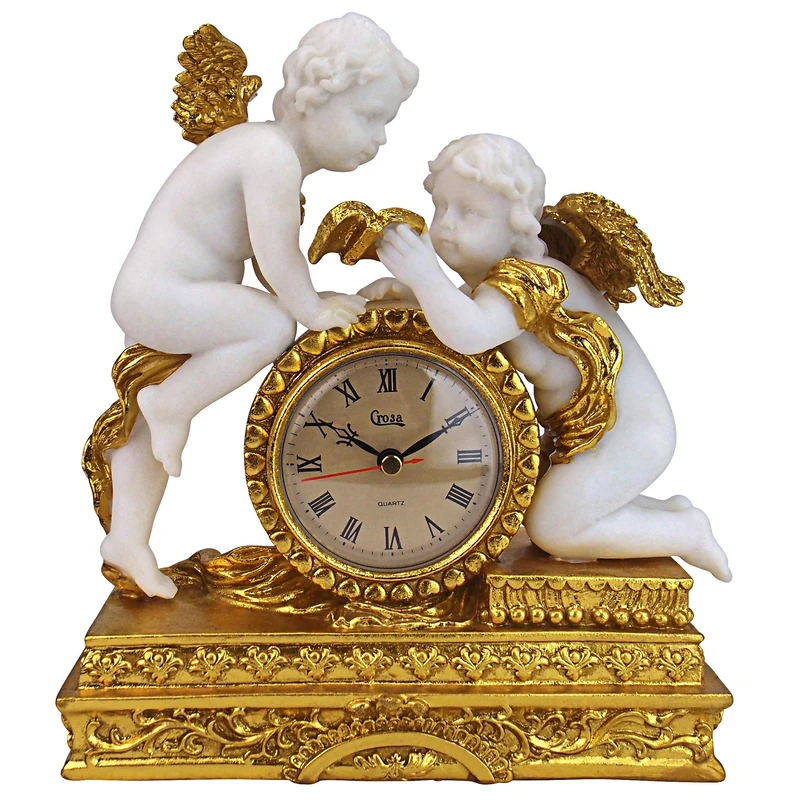 Design Toscano KY72570 Chateau Carbonne Cherub Mantel Clock Statue, 26.5 cm, Polyresin, Gold and Ivory