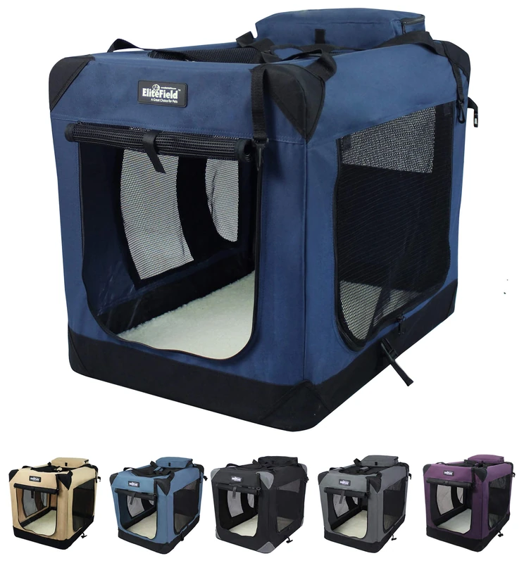 EliteField 3-Door Folding Soft Dog Crate with Carrying Bag and Fleece Bed (2 Year Warranty), Indoor & Outdoor Pet Home (30" L x 21" W x 24" H, Navy Blue)