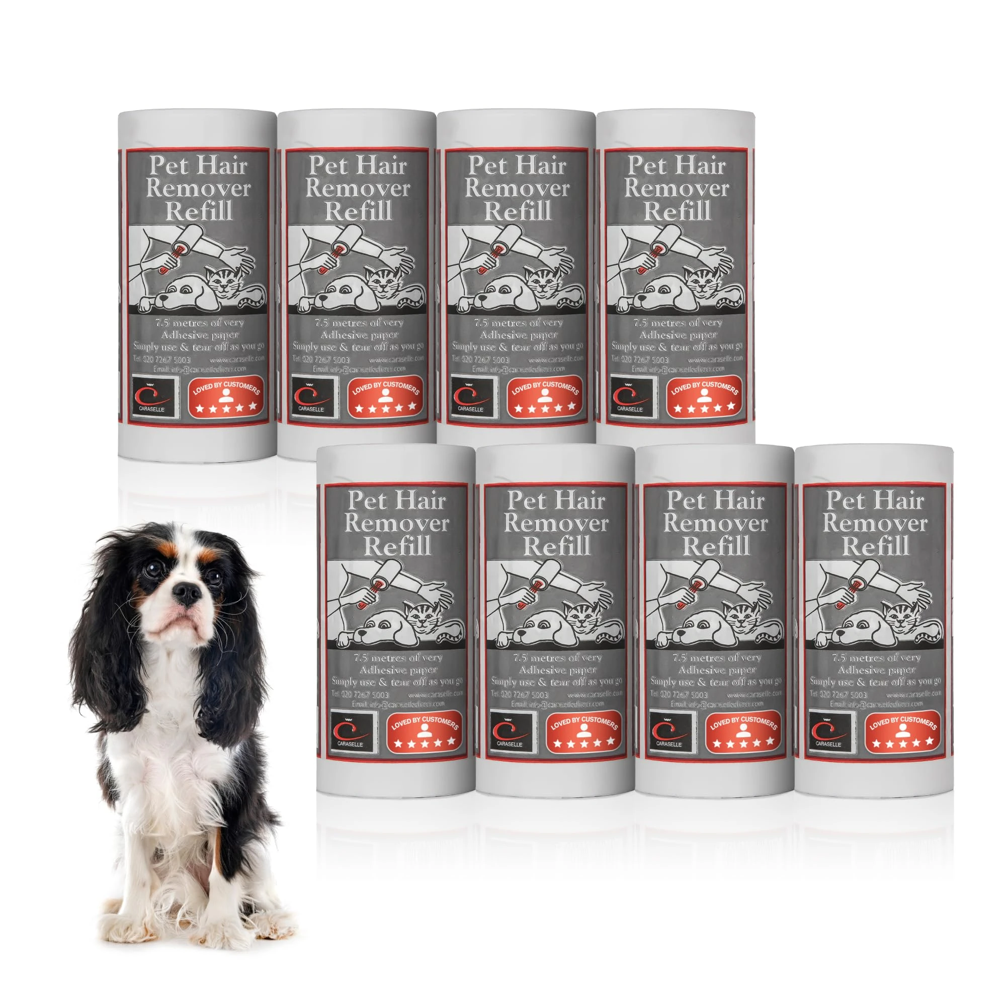 CARASELLE Pet Hair Remover Refill - Super Adhesive - Picks up Lint, Hair & Debris! Multi-Purpose Dog Cat Hair Lint Roller also for Cleaning Clothes & Washing Machine (7.5 metres, pack of 8 refills)