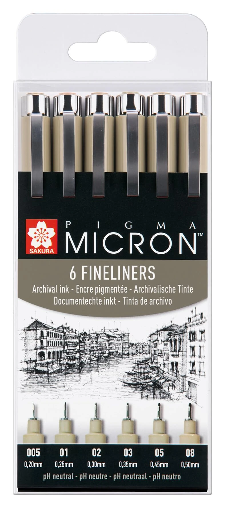 SAKURA Pigma Micron Fineliner Pens Set of 6, Waterproof, Permanent Black Ink, Assorted Sizes | Pens for Writing, Drawing & Journaling