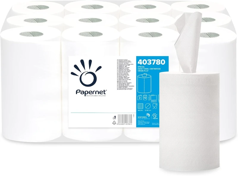 Papernet - Paper Towel Centerfeed Roll with Central Extraction (403780), 1 Pack of 12 Rolls in Pure Cellulose of 57m Each, 2 Plies, 163 Tears of 24.4 x 35cm