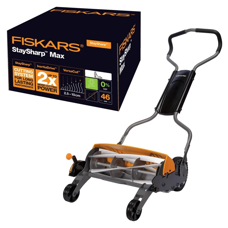 Fiskars Reel Mower, Lawn mower with contactless cutting system, cutting width: 46 cm, StaySharp Max, Black/Orange/Silver, 1000591