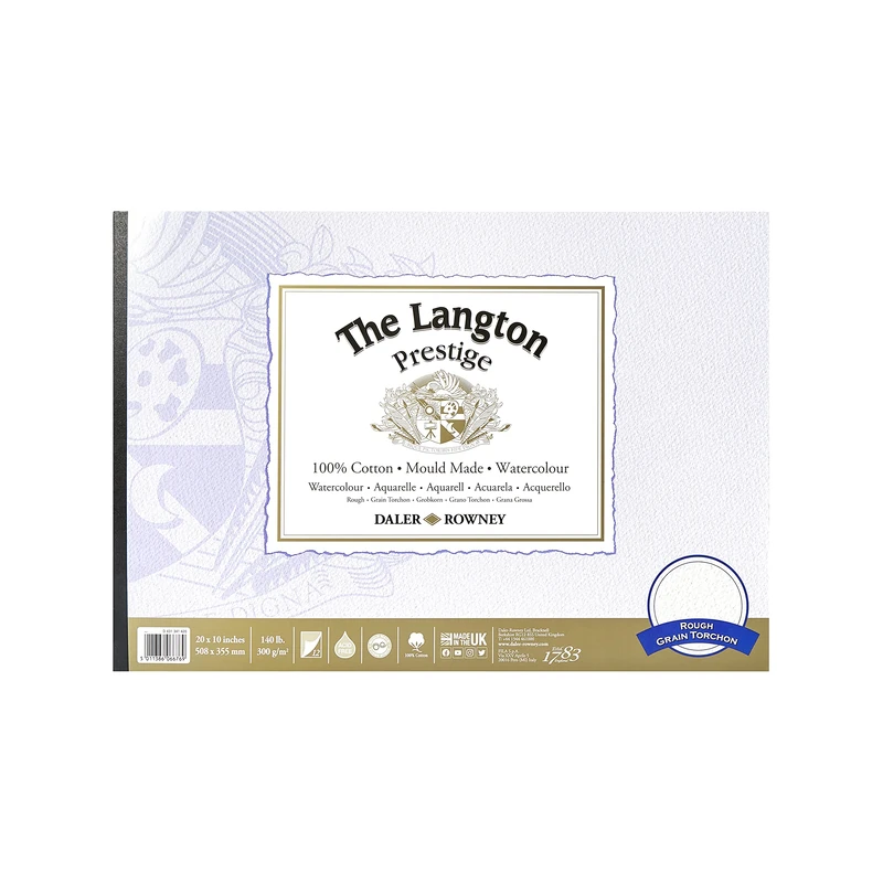 Daler-Rowney The Langton Prestige Rough 300gsm 20 x 14in Watercolour Paper Pad, Glued 1 Side, Acid-free, 12 Natural White Sheets, Ideal for Professional Artists