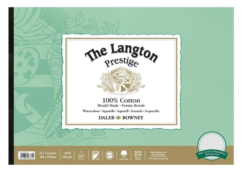 Daler-Rowney The Langton Prestige Cold-Pressed Watercolour & Gouache 300gsm 20 x 14in Paper Pad, Glued 1 Side, Natural White, 12 Sheets, For Professional Artists & Students