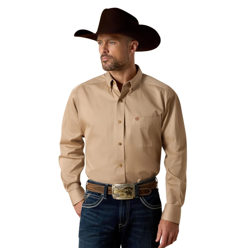 ARIAT Men's Solid Twill Shirt-dotd, Khaki, Large
