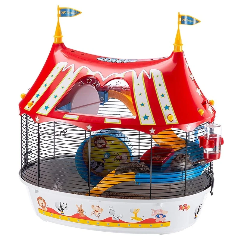Ferplast CIRCUS FUN Themed Hamster Cage - Circus Three-Level Design for Kids, Interactive Window - Includes Exercise Wheel, Easy Clean, 49.5x34xh42.5 cm