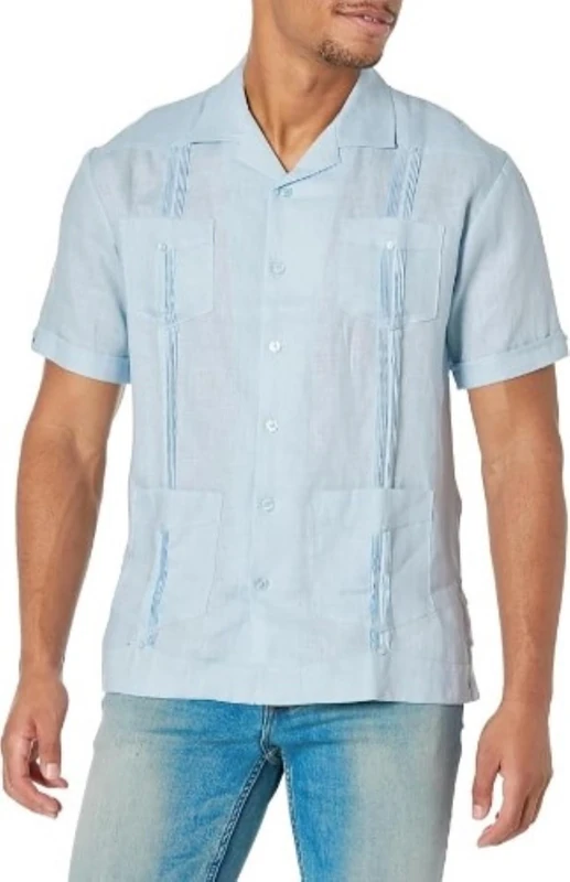 Cubavera Men's Short-Sleeve 100% Linen Guayabera Button Down Shirt, Cashmere Blue, Large