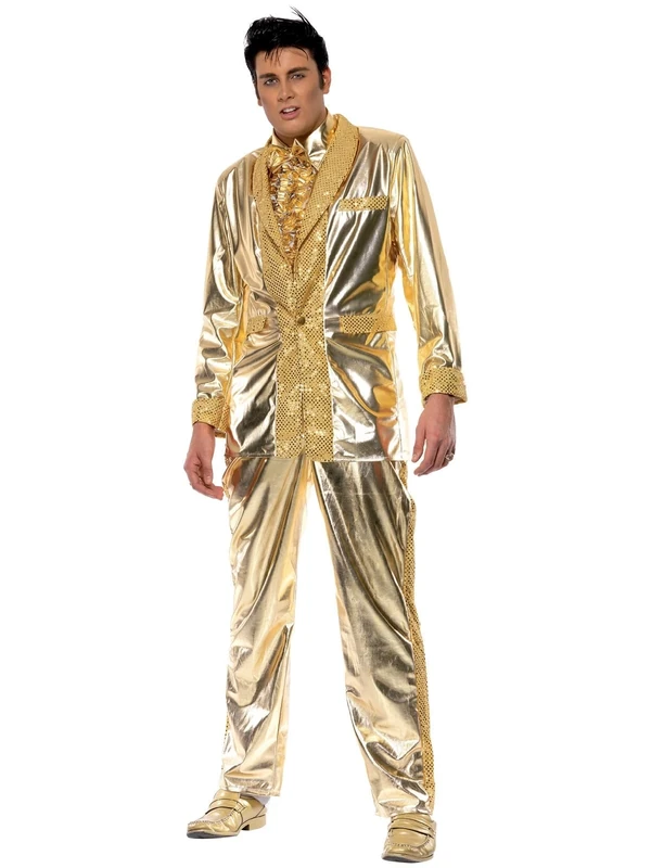 Smiffys Elvis Costume in Gold for Adults, Jacket, Shirt Front, and Trousers, Officially Licensed, Gold Jacket with Lapel Detail and Ruffle Shirt Front, Ideal for Music-Themed Events Halloween