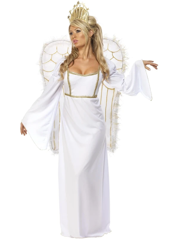 Smiffys Deluxe Angel Costume for Women, Elegant White Christmas Fancy Dress with Flowing Dress, Crown and Wings, Ideal for Nativity Plays, Church Events, Festive Parties, Medium, World Book Day