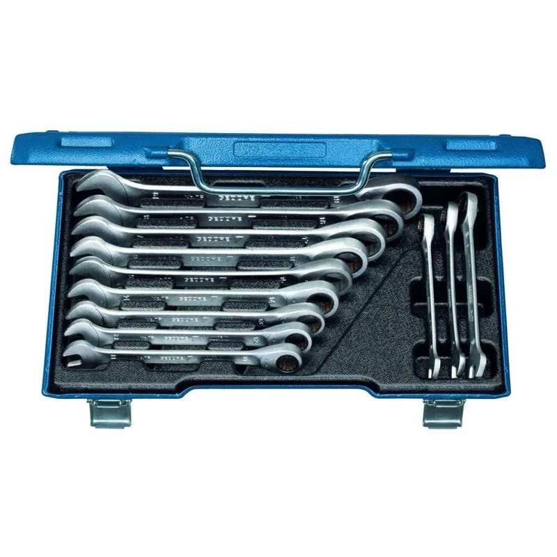 GEDORE Open-ended spanner set with ring ratchet, 12-pc. Set, AF 8-19 mm, Flat, Spanner set, 7 R-012, Silver
