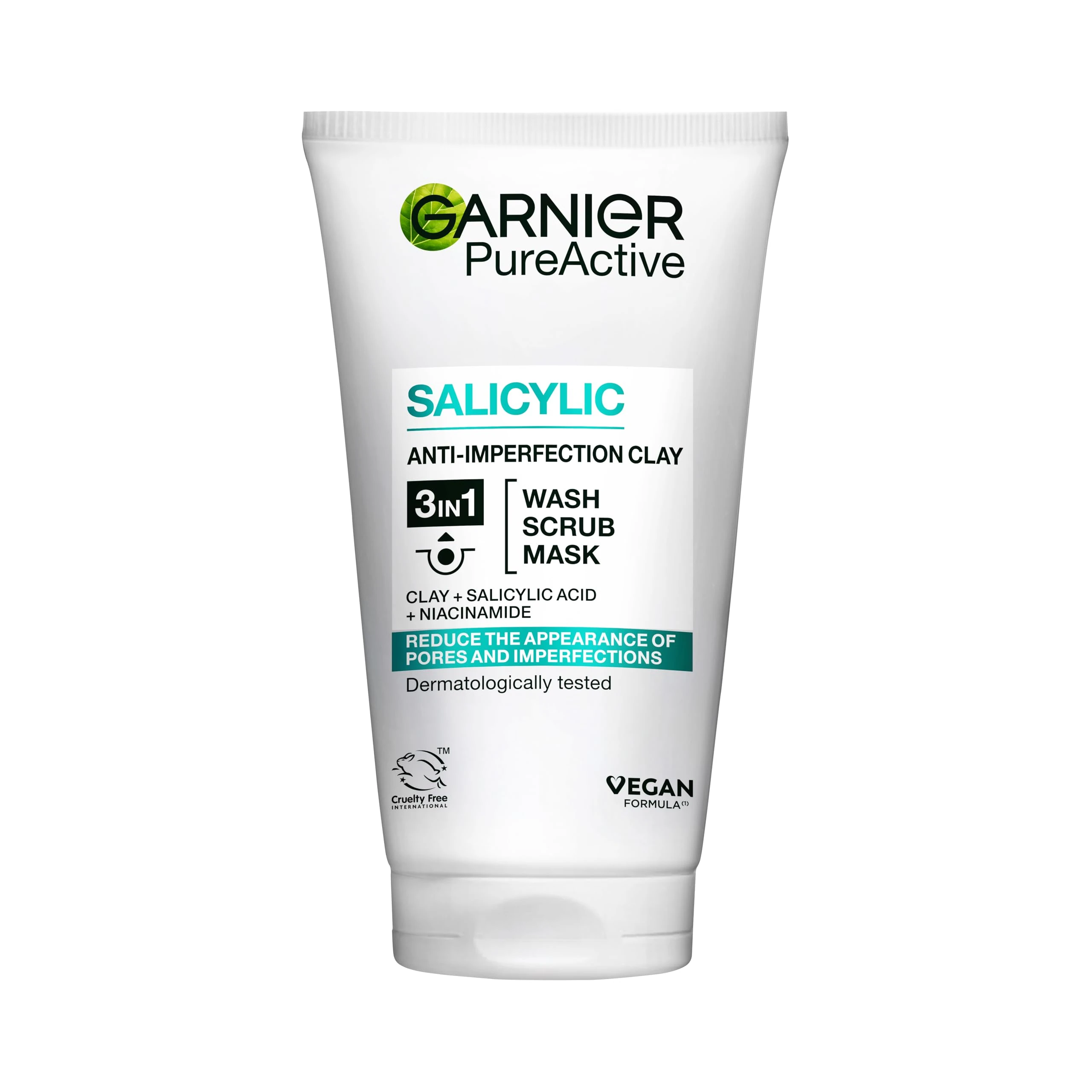 Garnier Pure Active 3in1 Clay Mask-Wash-Scrub 150ml, With Clay, Salicylic Acid, and Niacinamide, Face Cleanser For Oily Skin Prone to Blemishes, Eliminate Impurities & Reduce Pores