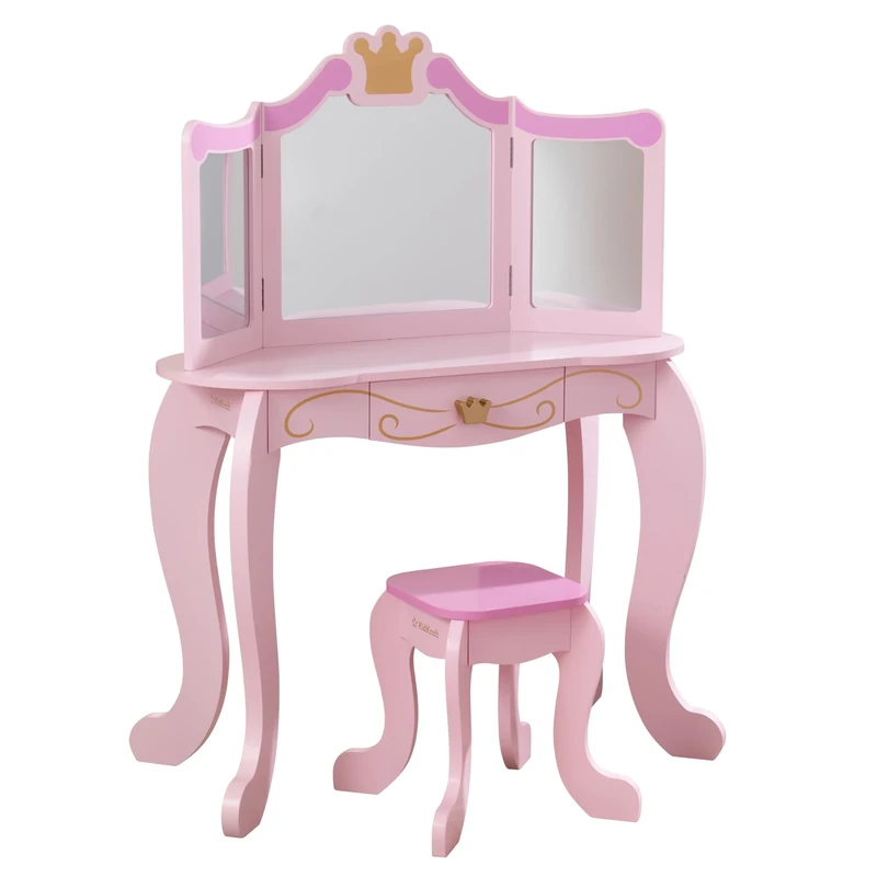 KidKraft Princess Wooden Vanity Table and Stool for Kids, Dressing Table with Mirror and Stool, Kids' Desk with Drawer, Children's Playroom/Bedroom Furniture, 76123