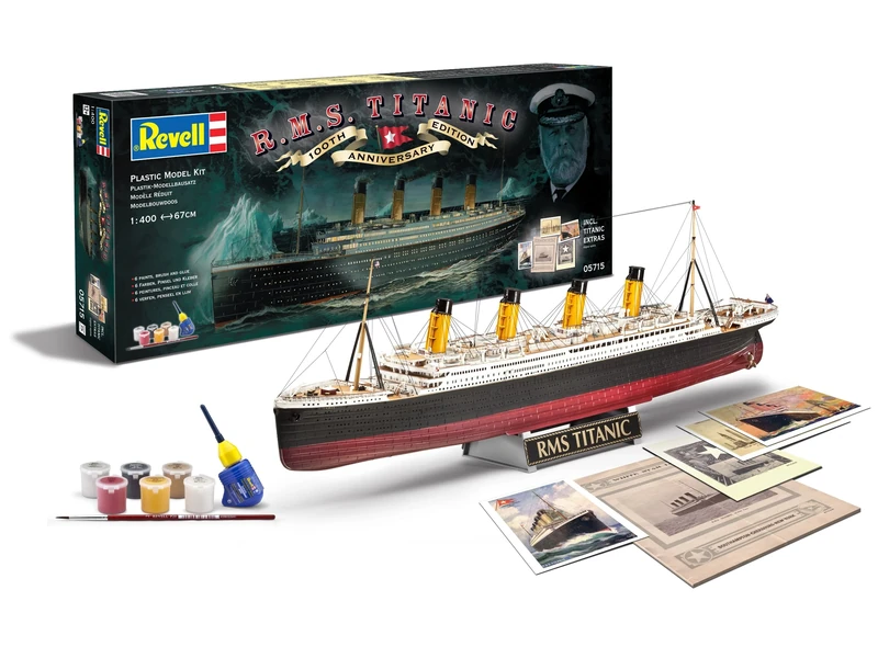 Revell Gift Set 05715 R.M.S. Titanic 100th Anniversary 1:400 Scale Unbuilt Plastic Model Kit, Postcards, Brochure, Menu, Contacta Professional Glue, Paintbrush & Selected Aqua Color Paints