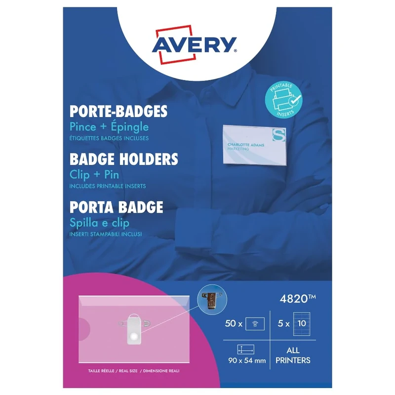 Avery 4820 Printable and Customisable Name Badges with Plastic Cases and Pins 90 x 50 mm Badges, Pack of 50 - White Printable Insert