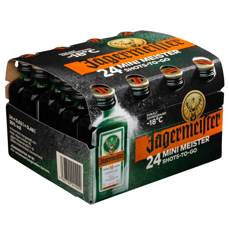 Jägermeister Herbal Liqueur | 24x2cl Miniature Pack | 35% ABV | German Liqueur | Spirits | 56 Herbs & Botanicals | Best Served as an Ice Cold Shot
