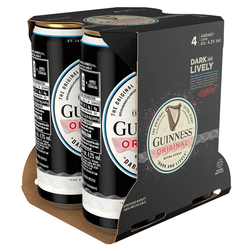 Guinness Original Extra Stout | 4.2% vol | 4 x 440ml Beer Cans| Medium & Balanced | Bitter & Sweet | Rich Creamy Head | Crafted from Quality Malt | Hops & Irish Barley