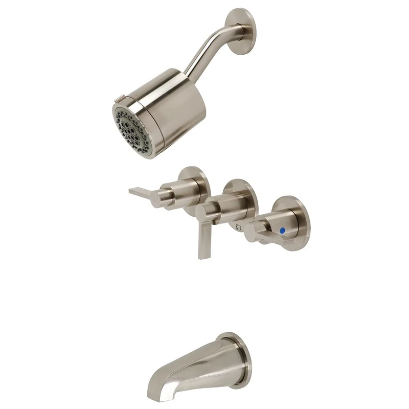 Kingston Brass KBX8138NDL 5-Inch Length in Tub Spout NuvoFusion Three Handle Tub and Shower Faucet, Satin Nickel