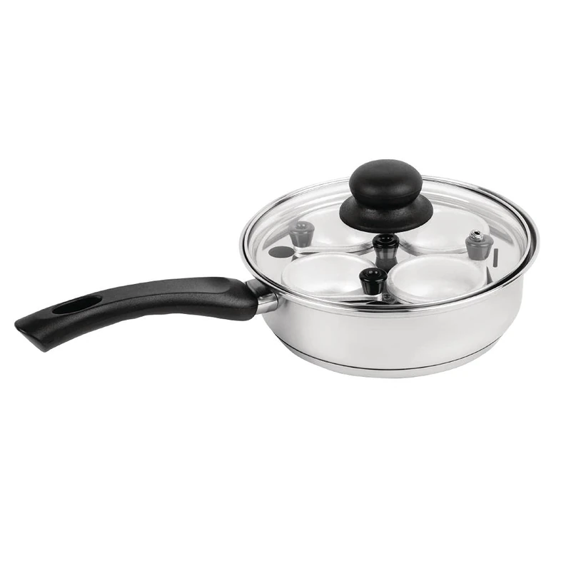 Vogue Stainless Steel Egg Poacher 20 cm, Black & Silver, Size: 200(Dia)mm, Capacity: 4 Eggs, Egg Pot Size: 31(H)x72(W)x85(D)mm, Dishwasher Safe, Aluminium Egg Cups, K891