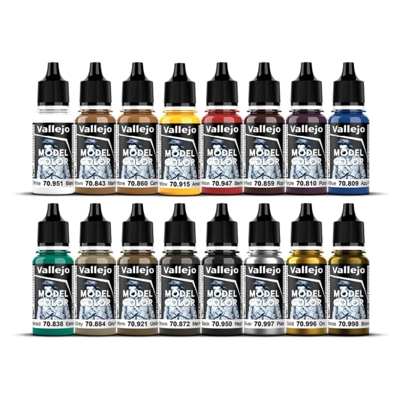 Vallejo Model Color Set, 16 Acrylic Paints for Miniatures, Matte Finish, 18 ml Bottles with Dropper, Includes Color Chart for Modeling and Dioramas