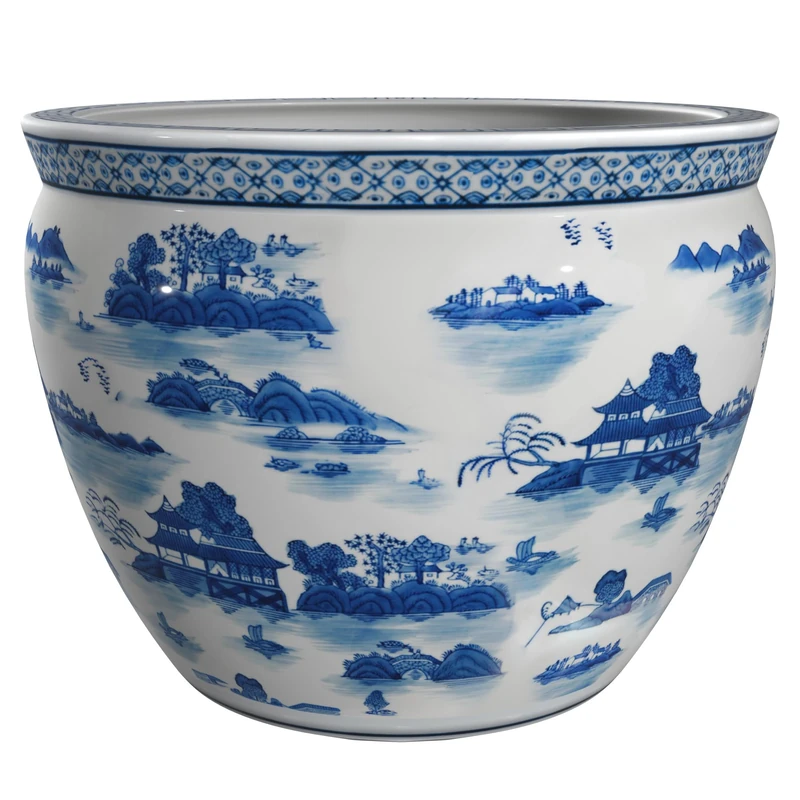 Red Lantern ORIENTAL Furniture 12" Landscape Blue & White Porcelain Fishbowl