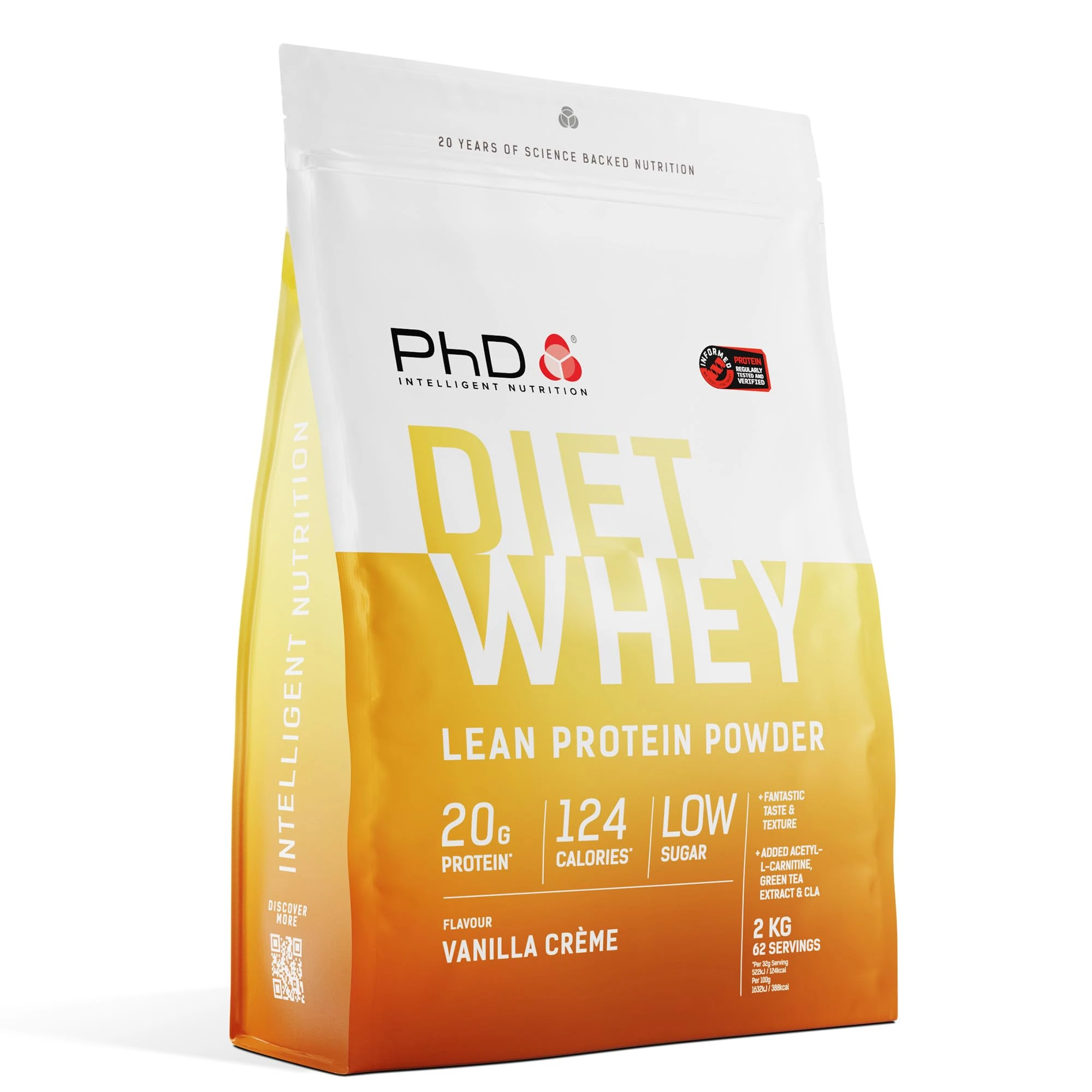 PhD Nutrition Diet Whey Low Calorie Protein Powder, Low Carb, High Protein Lean Matrix, Vanilla Crème Diet Whey Protein Powder, High Protein, 62 Servings Per 2 kg Bag