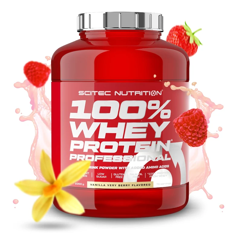 Scitec Nutrition 100% Whey Protein Professional – Enhanced with Extra Amino Acids & Digestive Enzymes – Gluten-Free – Palm Oil Free, 2.35 kg, Vanilla-Very Berry